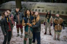 L-R: Sophie Thatcher as Teen Natalie, Jenna Burgess as Teen Melissa, Kevin Alves as Teen Travis, Courtney Eaton as Teen Lottie, Jasmin Savoy Brown as Teen Taissa, Sophie Nélisse as Teen Shauna, Liv Hewson as Teen Van, Nia Sondaya as Teen Akilah and Samantha Hanratty as Teen Misty in 'Yellowjackets' Season 4 Episode 8