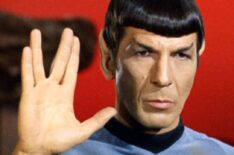 Leonard Nimoy as Spock giving the Vulcan hand sign