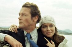 Roger Moore with costar Barbara Bach on the set of the 1977 James Bond film The Spy Who Loved Me