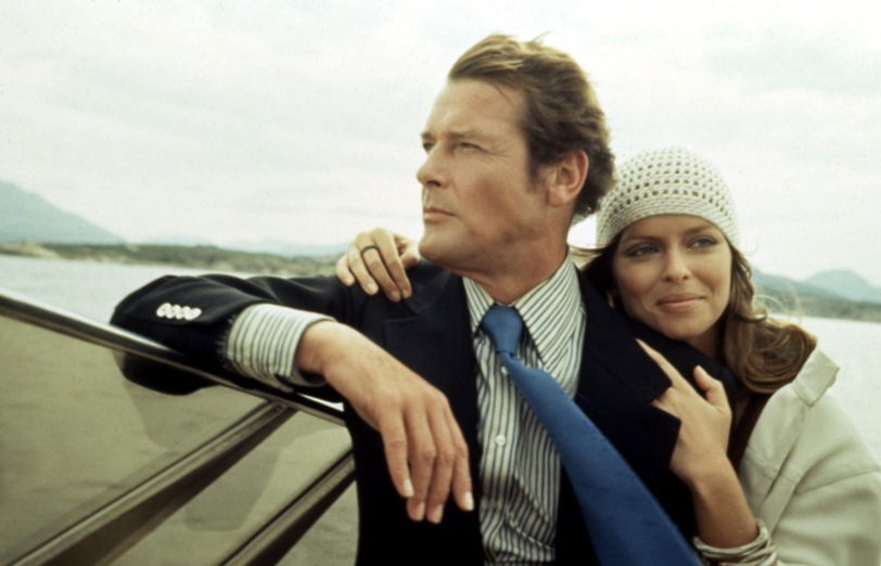 Roger Moore with costar Barbara Bach on the set of the 1977 James Bond film The Spy Who Loved Me