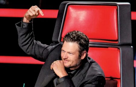 Blake Shelton pointing at himself on The Voice