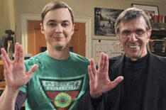 Jim Parsons and Leonard Nimoy giving the Vulcan salute on the set of The Big Bang Theory during the filming of 'The Transporter Malfunction'