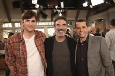 Ashton Kutcher, Chuck Lorre, and Jon Cryer behind the scenes of Two and a Half Men