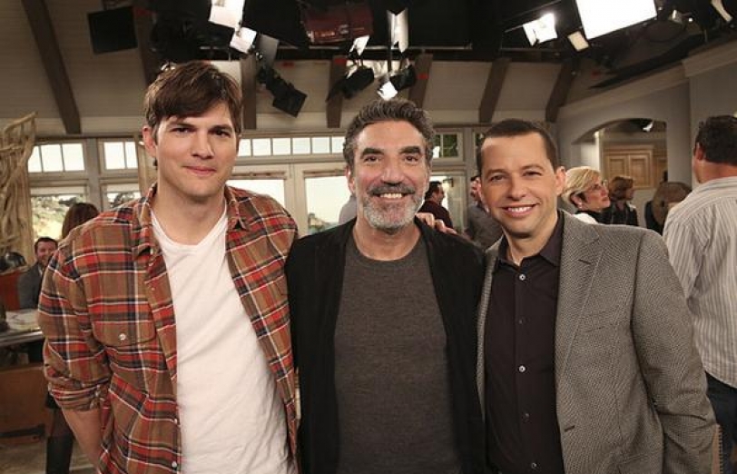 Ashton Kutcher, Chuck Lorre, and Jon Cryer behind the scenes of Two and a Half Men